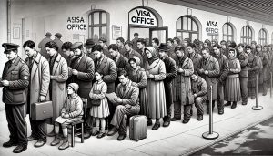 Illustration en noir et blanc représentant des demandeurs d'asile faisant la queue pour obtenir des visas ; la scène montre un groupe diversifié d'hommes, de femmes et d'enfants.