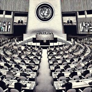 illustration en noir et blanc représentant une assemblée des Nations Unies