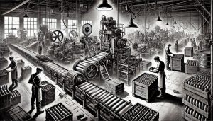 A-black-and-white-illustration-of-a-munitions-factory