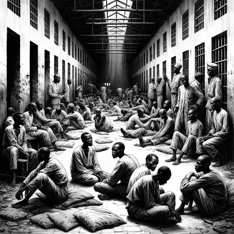 Une-illustration-noire-et-blanche-représentant-des-prisonniers-dans-la-République-démocratique-du-Congo.-La-scène-montre-une-prison-surpeuplée-d'une-seule-histoire-avec-des-prisonniers.