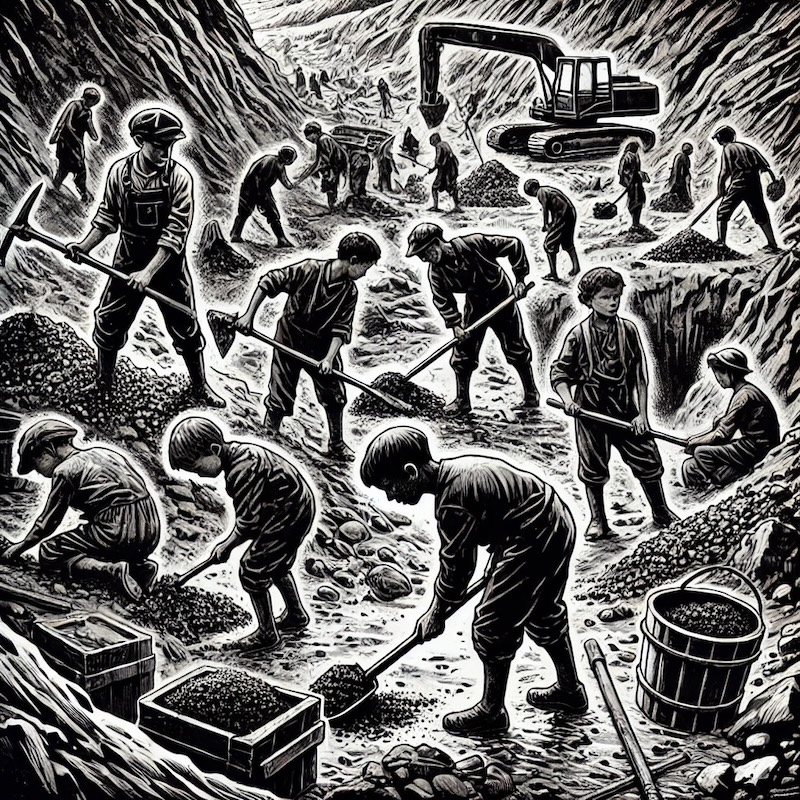 Illustration en noir et blanc d'enfants creusant dans les mines de Coltan en RDC