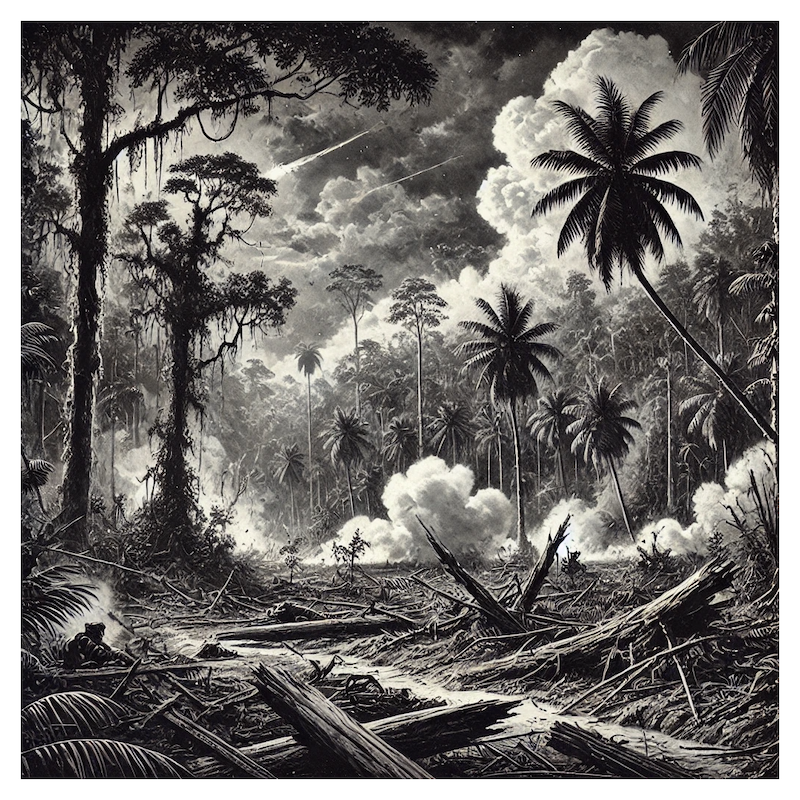 Illustration noir et blanc montrant la jungle birmane bombardée