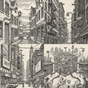 Une série de quatre gravures sur bois noir et blanc illustrant la surveillance urbaine mondiale et l'omniprésence des bases de données.