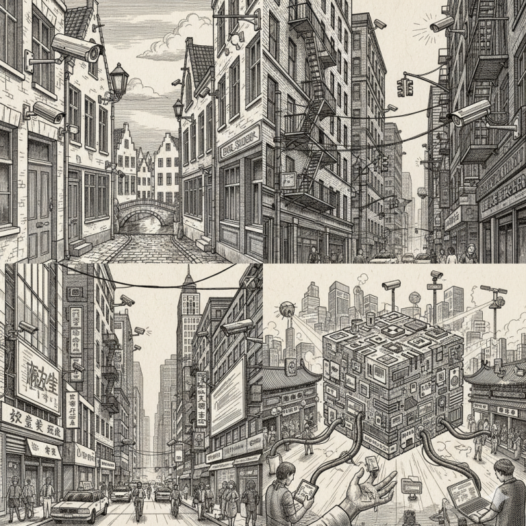 Une série de quatre gravures sur bois noir et blanc illustrant la surveillance urbaine mondiale et l'omniprésence des bases de données.