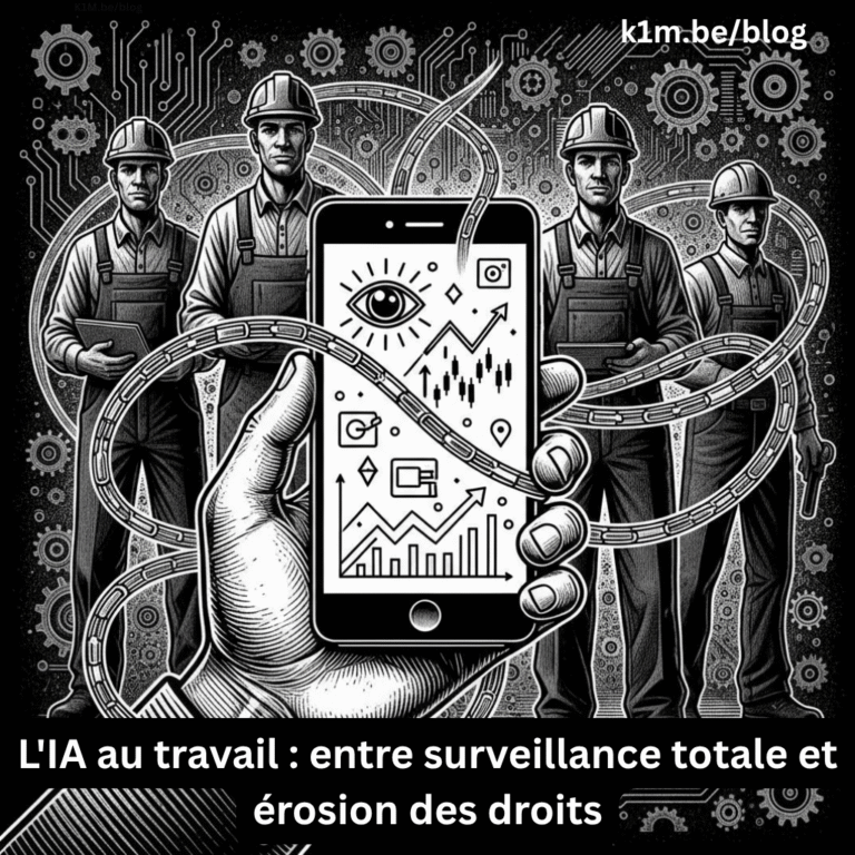 Illustration graphique en noir et blanc montrant des travailleurs enchaînés par des circuits technologiques autour d'un smartphone affichant des symboles de surveillance algorithmique (œil, données, géolocalisation)