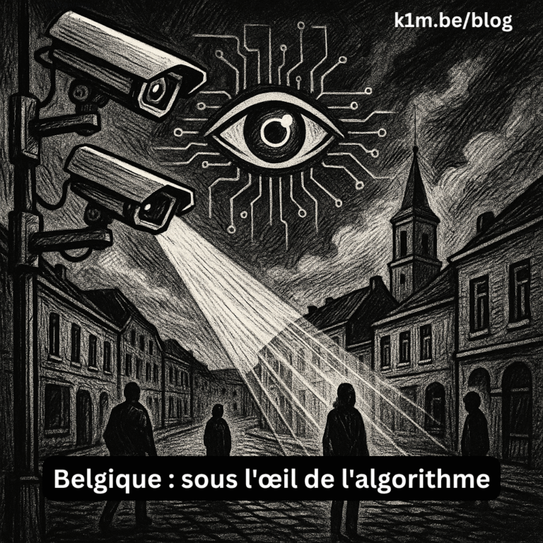 Scène urbaine nocturne à Ittre, rendue en noir et blanc dans un style de gravure sur bois : trois caméras de surveillance dominent une rue pavée, projetant leurs faisceaux lumineux sur les passants et les façades. L’atmosphère est calme mais tendue, évoquant la surveillance invisible dans l’espace public.