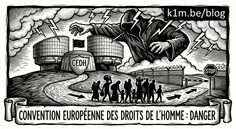 Illustration en noir et blanc de style gravure sur bois montrant des silhouettes de familles de réfugiés marchant sur un chemin vers le bâtiment de la Cour européenne des droits de l'homme (CEDH), protégé par un bouclier "CEDH". Une figure encapuchonnée géante et menaçante surgit de nuages d'orage avec des éclairs au-dessus du bâtiment. À droite, une barrière de barbelés avec un panneau "STOP" et un poste frontière. En bas, une banderole indique "CONVENTION EUROPÉENNE DES DROITS DE L'HOMME : DANGER". Dans le coin supérieur droit, un rectangle noir contient le texte blanc "k1m.be/blog".