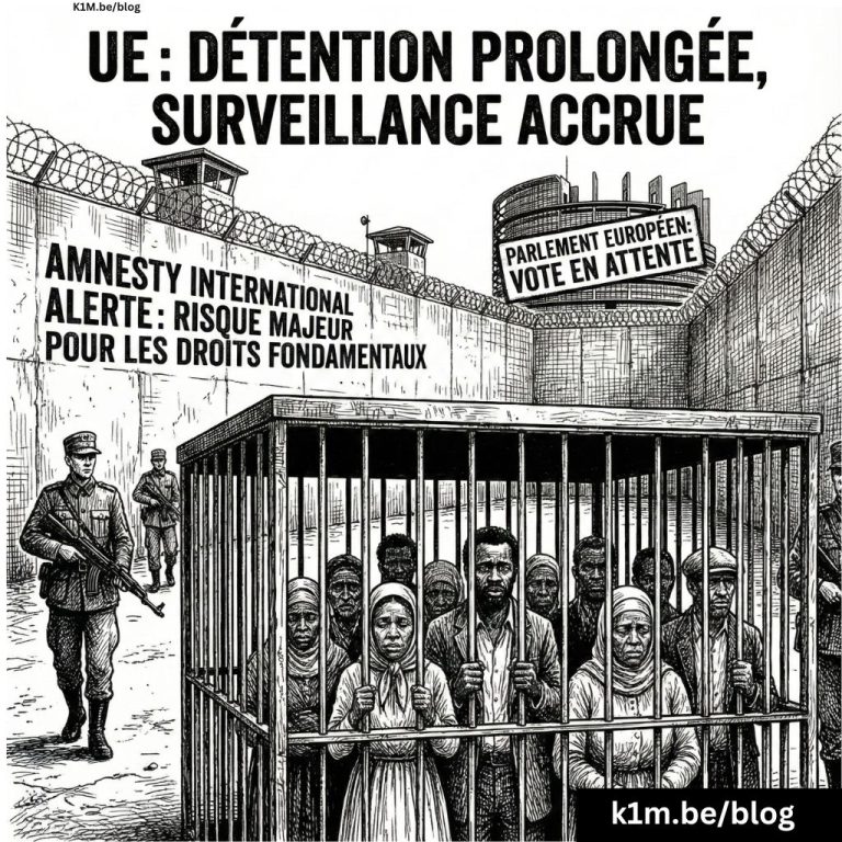 Illustration éditoriale en noir et blanc montrant un groupe de migrants africains enfermés dans une grande cage au centre d'un camp de détention militarisé, sous la surveillance de soldats armés. Des textes en haut et sur les côtés dénoncent la "détention prolongée" et la "surveillance accrue" de l'UE, relayant une alerte d'Amnesty International sur les risques pour les droits fondamentaux, tandis qu'un bâtiment du Parlement européen est visible en arrière-plan avec la mention "vote en attente".
