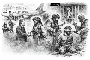 Illustration en noir et blanc : un responsable belge serre la main d’un taliban armé près d’un avion de retour, tandis qu’à droite des personnes afghanes apparaissent détenues et menacées.