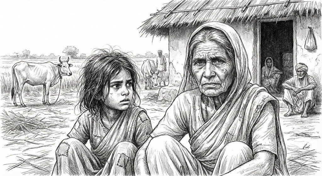 Un croquis détaillé au crayon noir et blanc montre une femme âgée et une jeune fille assises par terre devant une hutte en terre battue dans une zone rurale de l'Inde. La femme, au visage ridé et portant un foulard, regarde vers le spectateur, tandis que la jeune fille à côté d'elle regarde vers la gauche. À l'arrière-plan, deux autres personnes sont assises, l'une dans l'embrasure de la porte de la hutte et l'autre à l'extérieur. Deux vaches se tiennent dans un champ derrière la hutte. Le dessin est rendu avec des hachures complexes.