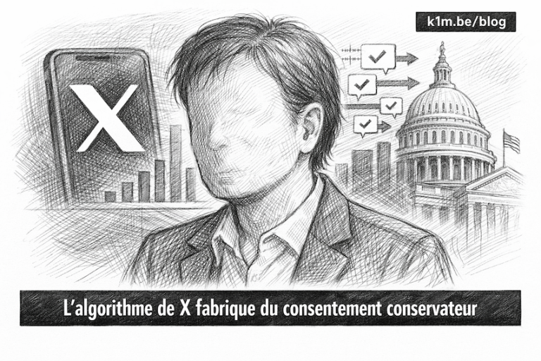 Portrait au crayon noir et blanc d’une personne au visage non identifiable, expression grave et réfléchie. À l’arrière-plan, le logo de X sur un smartphone, des graphiques ascendants, des bulles de validation et la silhouette d’un bâtiment institutionnel suggèrent l’influence d’un algorithme sur les opinions politiques. En haut à droite, le label « k1m.be/blog ». En bas, bandeau noir avec le titre : « L'algorithme de X fabrique du consentement conservateur ».