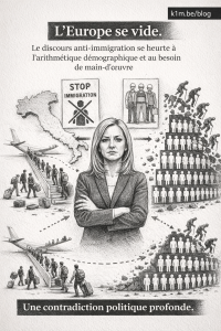 Illustration au crayon noir et blanc : au centre, une dirigeante politique au visage générique, bras croisés. À gauche, une file de jeunes actifs avec valises monte vers un avion, sur fond de carte de l’Italie. Au-dessus, une affiche « STOP IMMIGRATION ». À droite, une pyramide démographique composée de silhouettes s’effondre, top-heavy, avec des figures âgées qui tombent. Des flèches relient les éléments, suggérant une contradiction.
