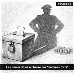 Illustration au crayon noir et blanc d’une urne électorale avec un bulletin de vote, dont l’ombre projette la silhouette d’un dirigeant autoritaire face à une petite foule de citoyens.