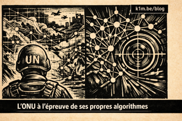 Illustration en linogravure noir et blanc sur fond sépia : à gauche, un casque de casque bleu de l’ONU vu de dos face à une carte numérique fragmentée d’une zone de conflit ; à droite, un réseau neuronal abstrait se transforme en viseur de surveillance.