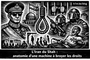 Gravure sur bois en noir et blanc représentant un souverain en uniforme militaire décoré, une corde de pendaison centrale, des agents armés, un prisonnier torturé et une foule en révolte sous un ciel sombre.