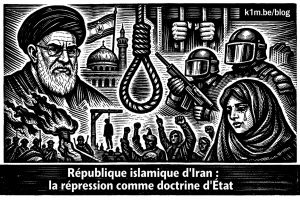 ravure sur bois en noir et blanc montrant un dirigeant religieux sévère, une corde de pendaison au centre, des forces antiémeutes armées, des prisonniers derrière des barreaux et une femme en pleurs, avec une foule levant le poing en arrière-plan.